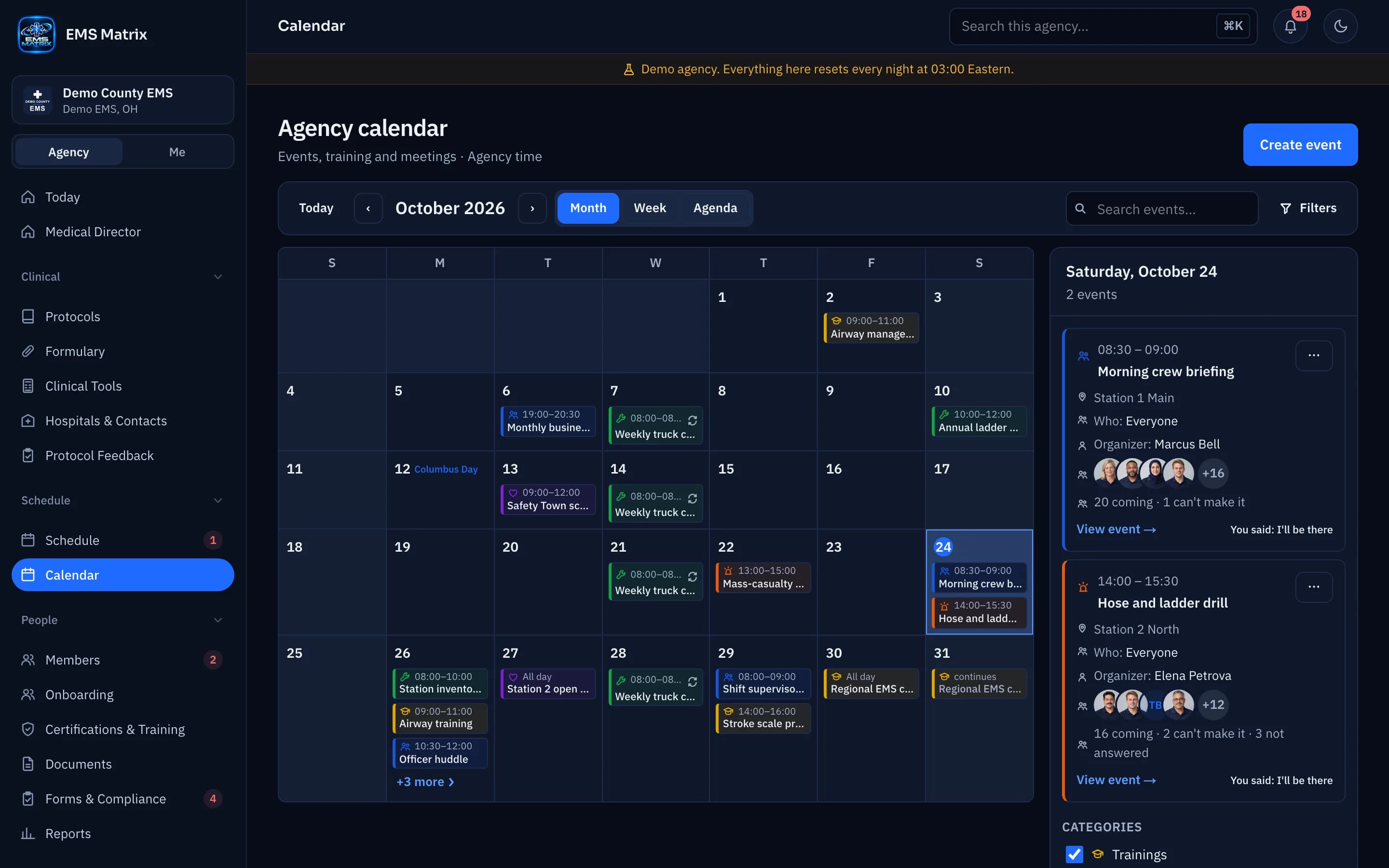Agency portal Agency calendar, Demo County EMS.