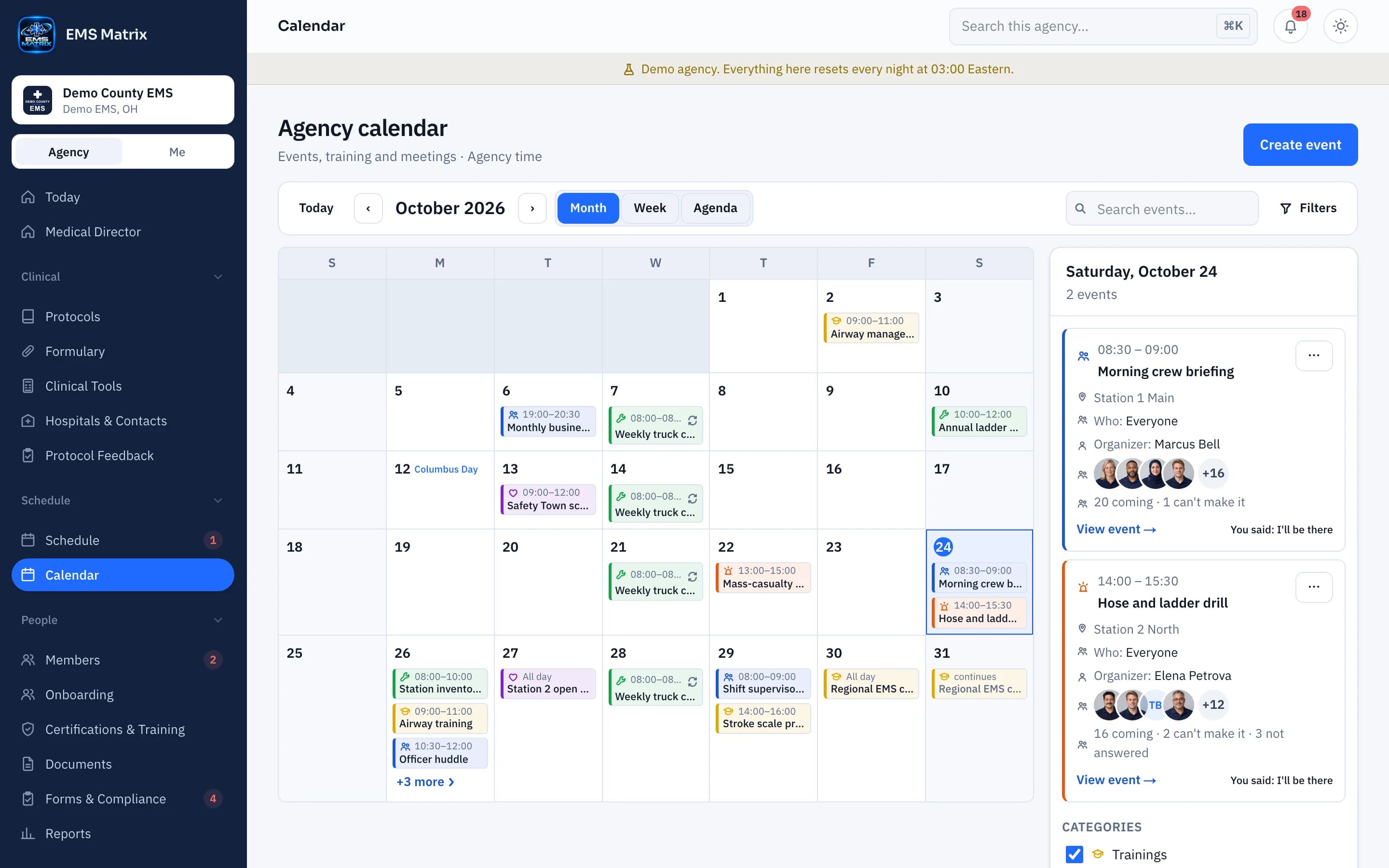 Agency portal Agency calendar, Demo County EMS.