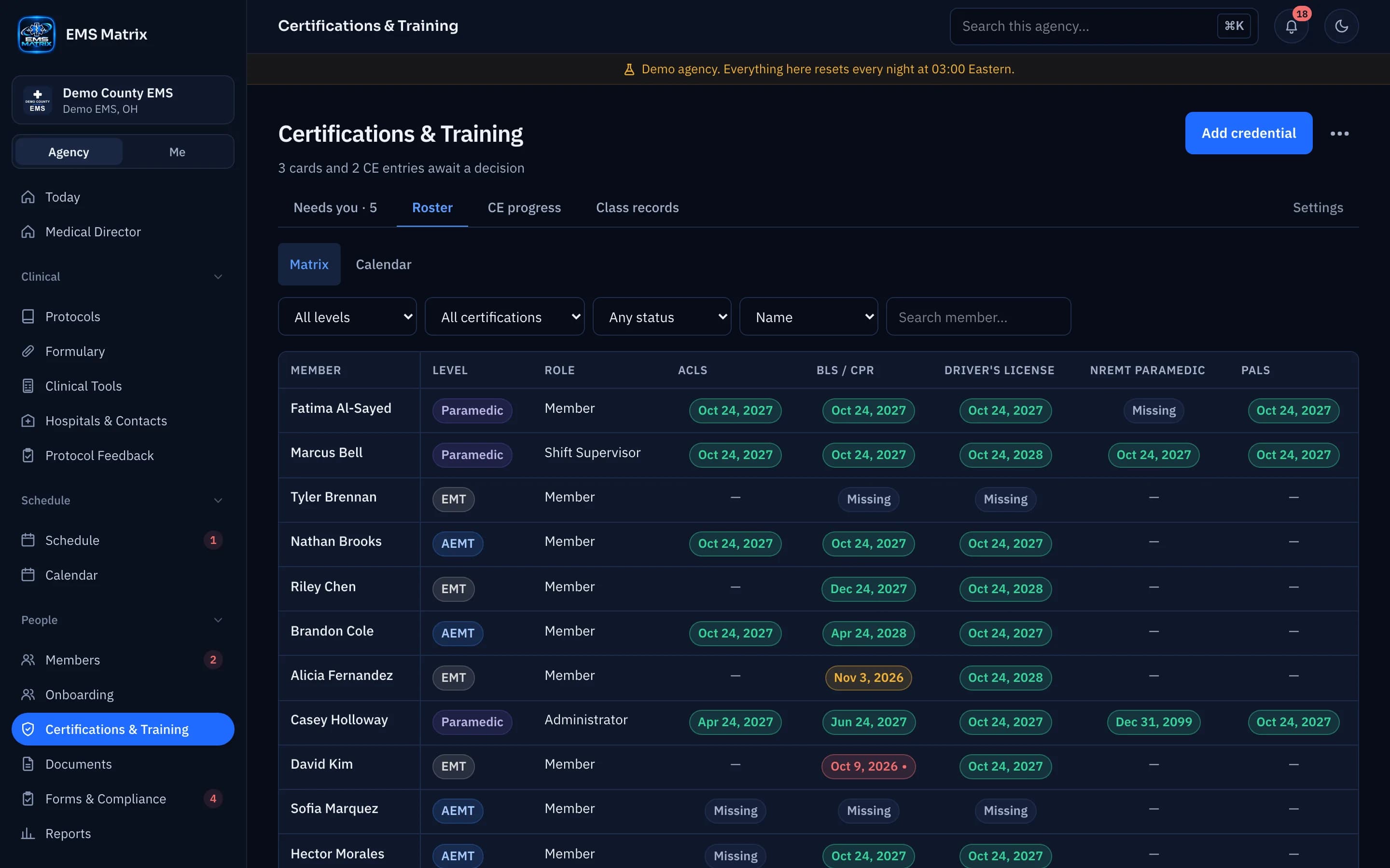 Agency portal Certifications roster, Demo County EMS.