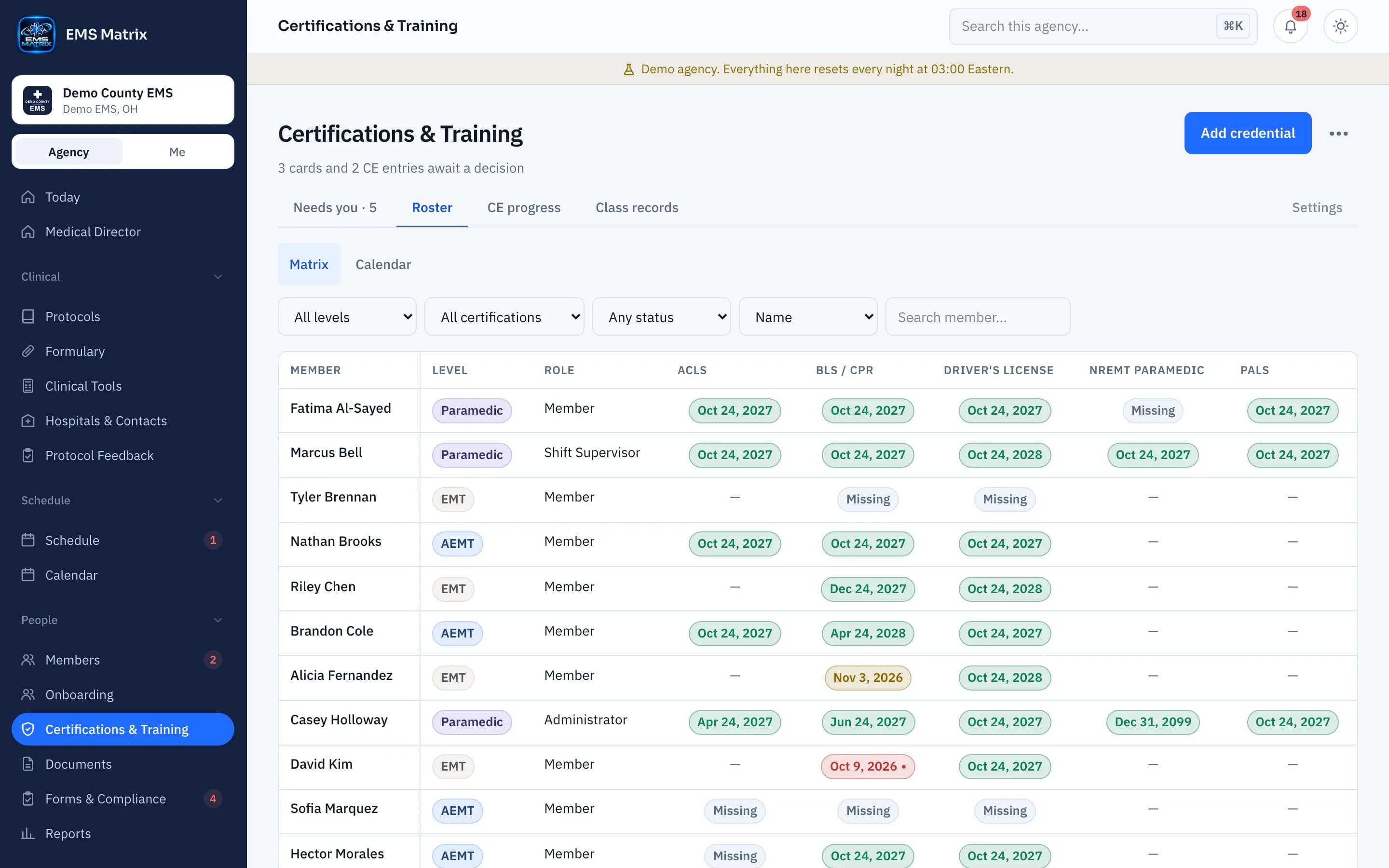 Agency portal Certifications roster, Demo County EMS.