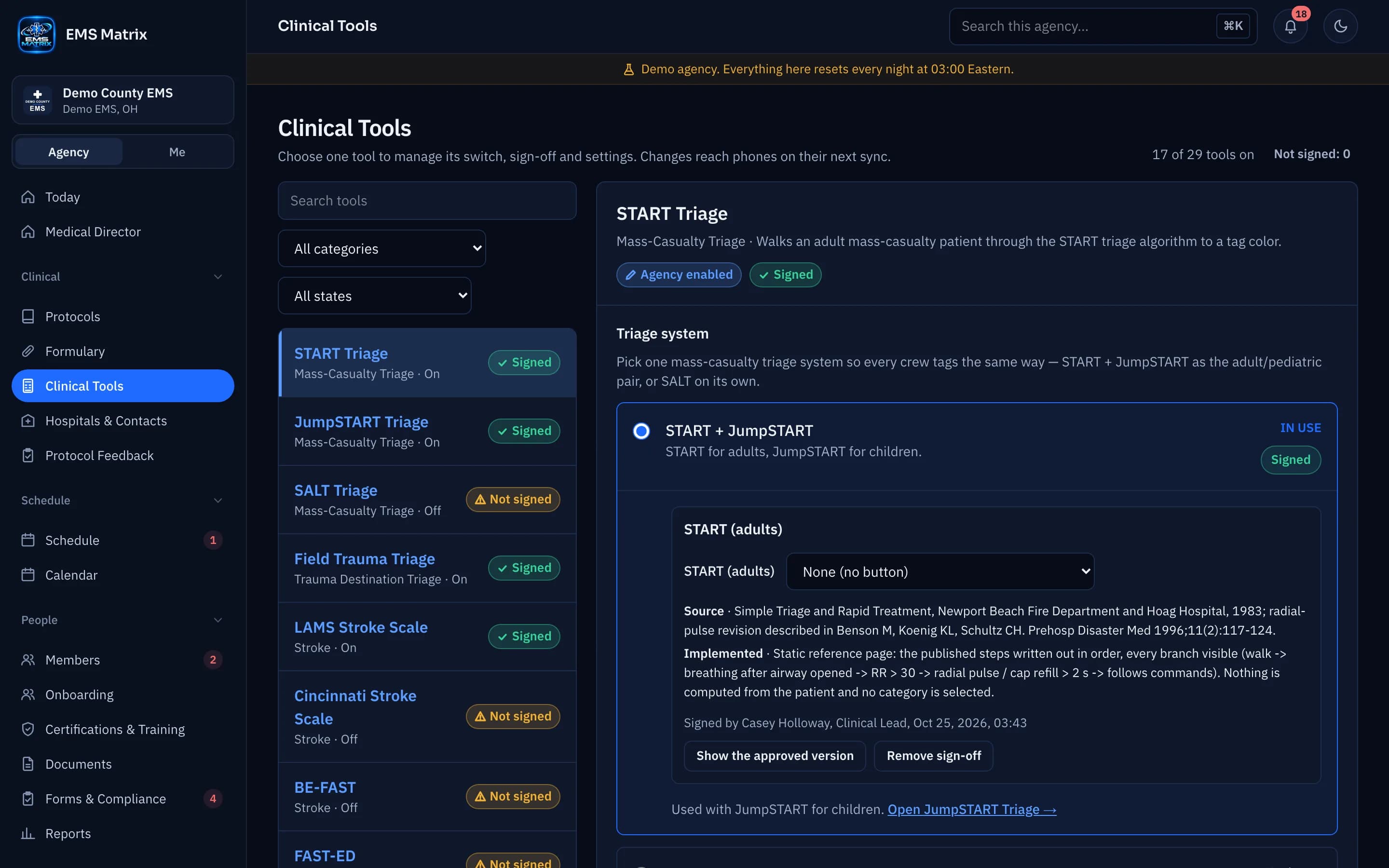 Agency portal Clinical Tools with sign-off state for each tool, Demo County EMS.