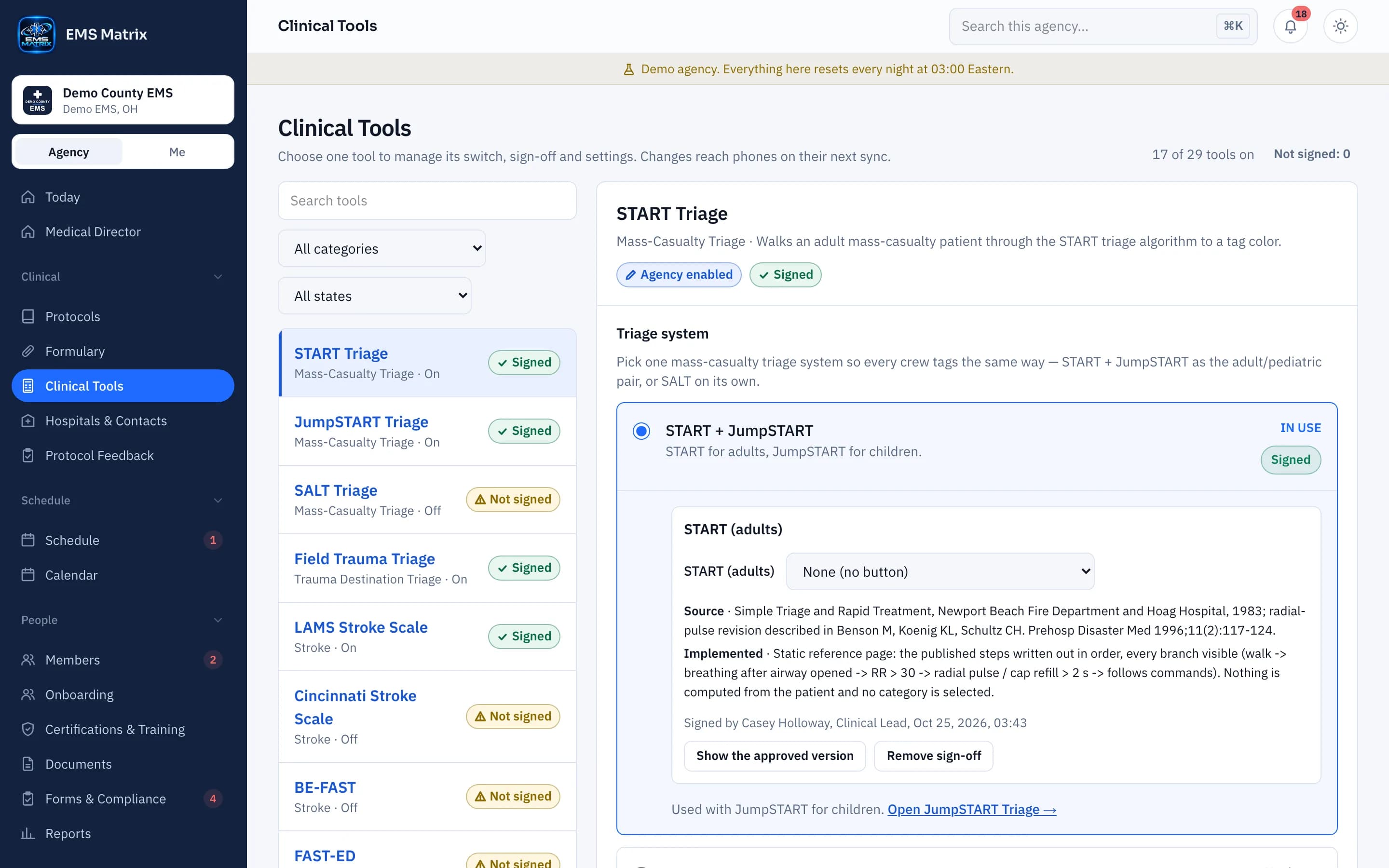 Agency portal Clinical Tools with sign-off state for each tool, Demo County EMS.