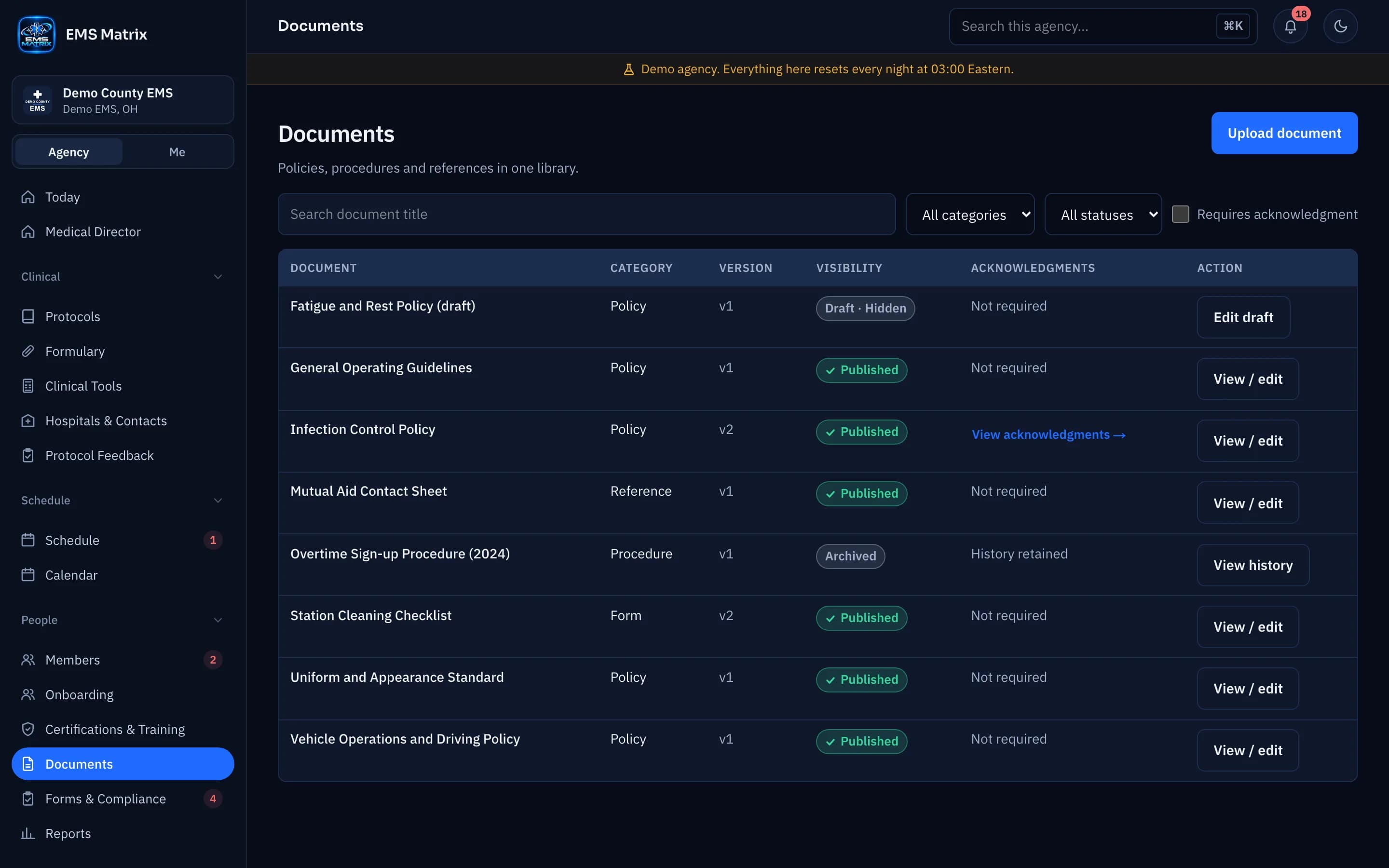 Agency portal Documents screen, Demo County EMS.