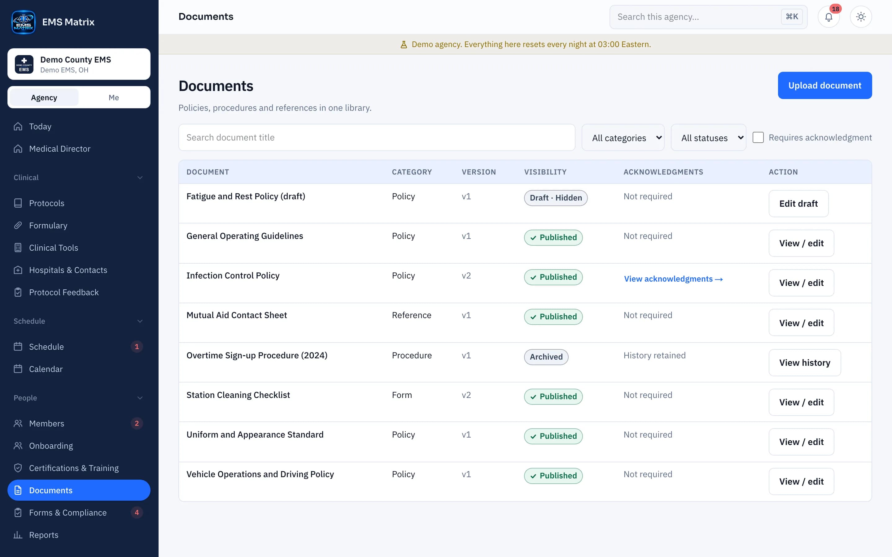 Agency portal Documents screen, Demo County EMS.