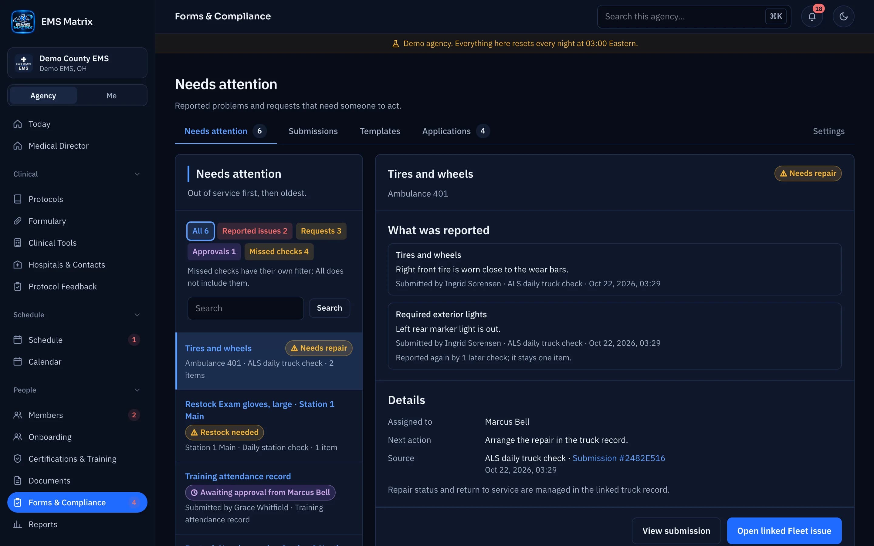 Agency portal Forms & Compliance screen, Demo County EMS.