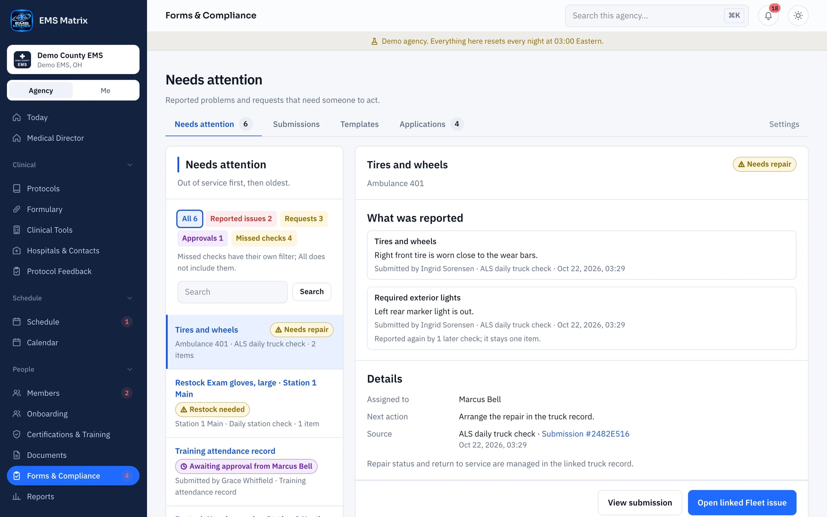 Agency portal Forms & Compliance screen, Demo County EMS.