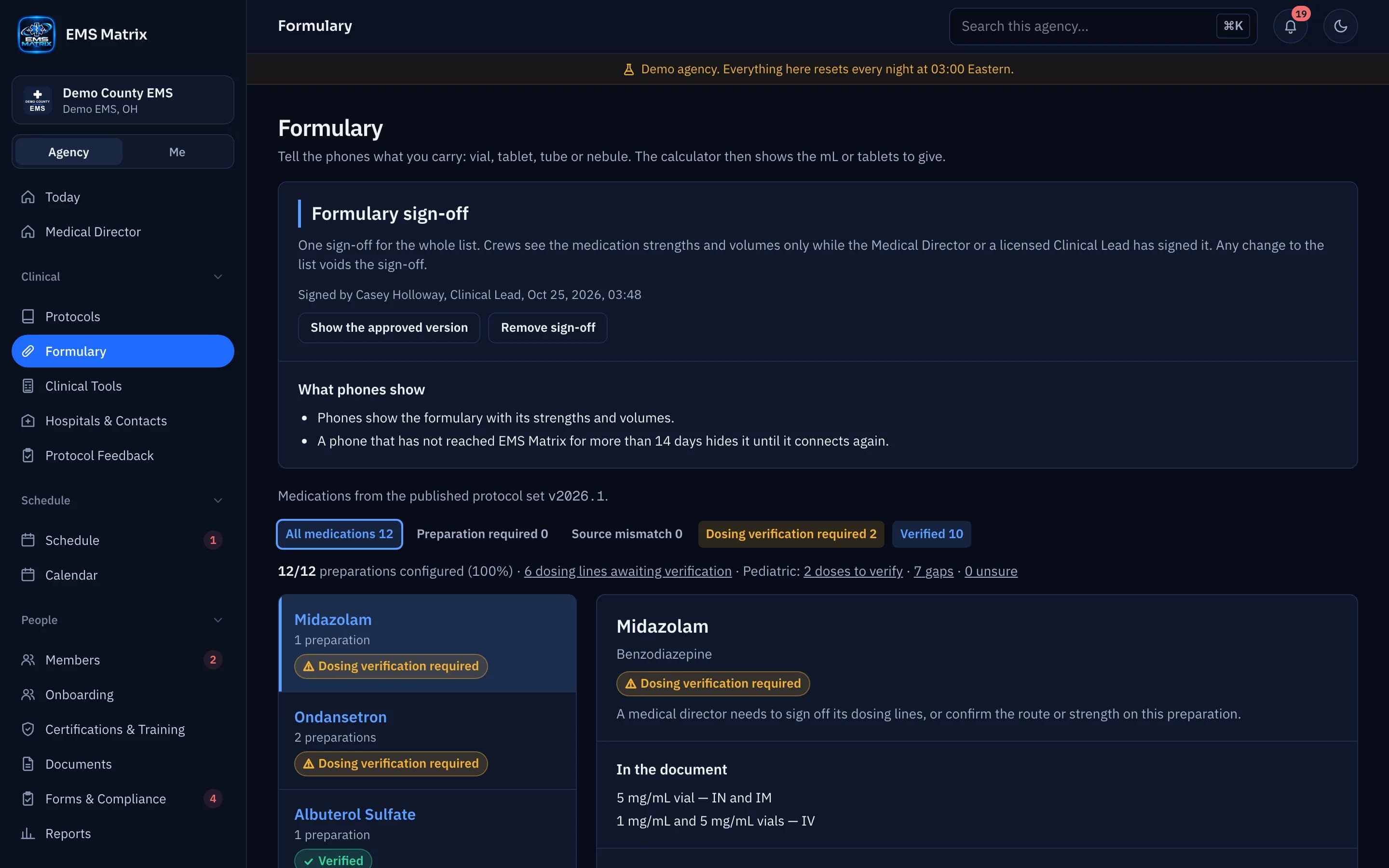 Agency portal Formulary: one sign-off for the whole list, 12 medications with 10 verified and 2 waiting for dosing verification, Demo County EMS.