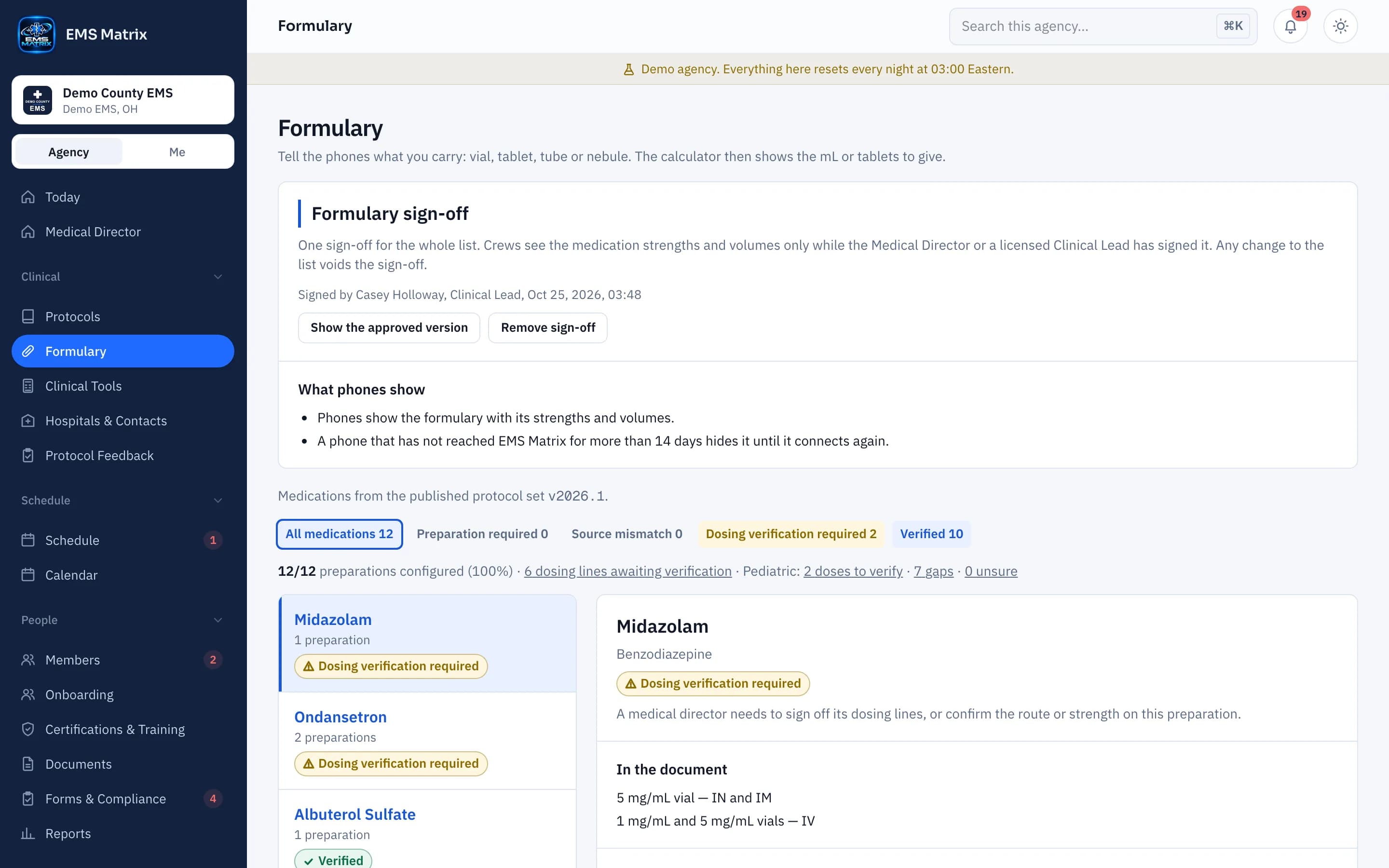 Agency portal Formulary: one sign-off for the whole list, 12 medications with 10 verified and 2 waiting for dosing verification, Demo County EMS.