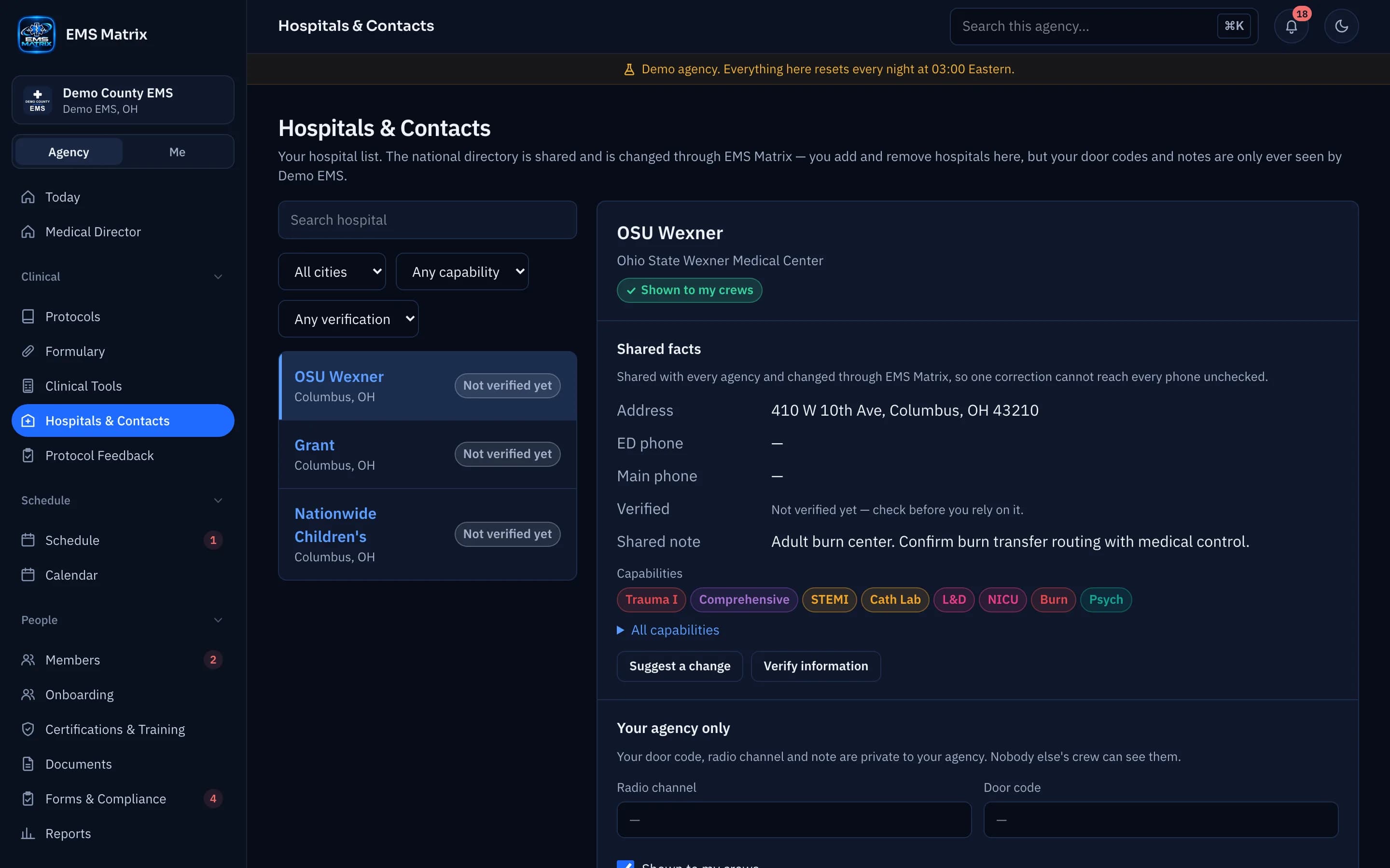Agency portal Hospitals & Contacts screen, Demo County EMS.