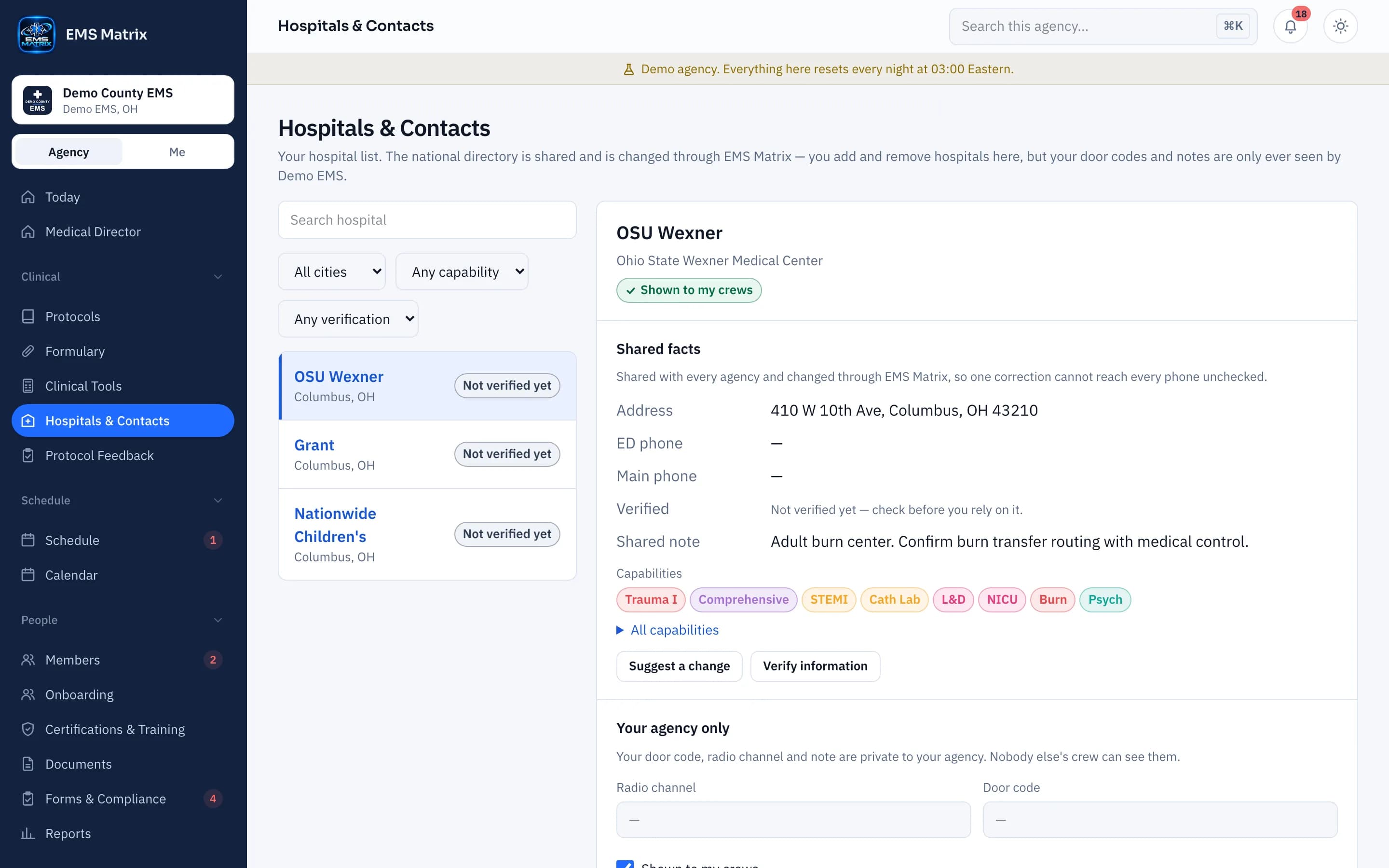 Agency portal Hospitals & Contacts screen, Demo County EMS.