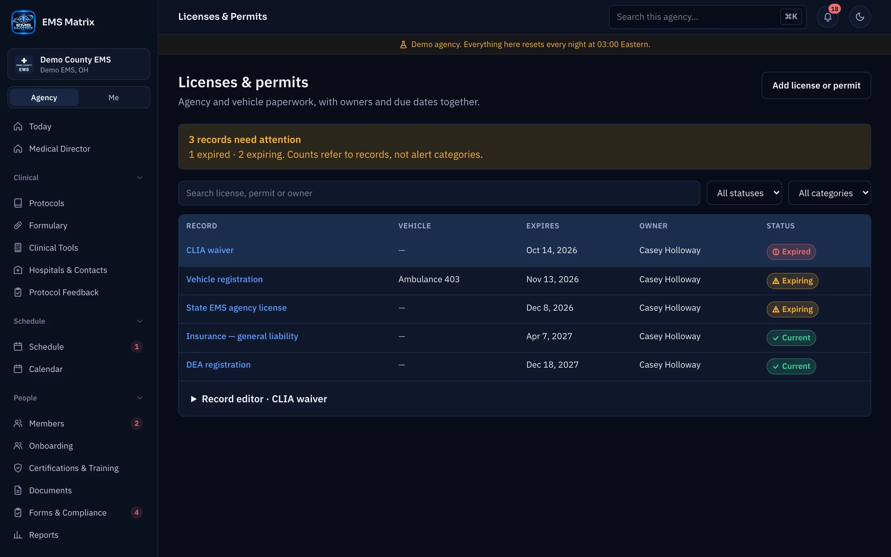 Agency portal Licenses & Permits screen, Demo County EMS.