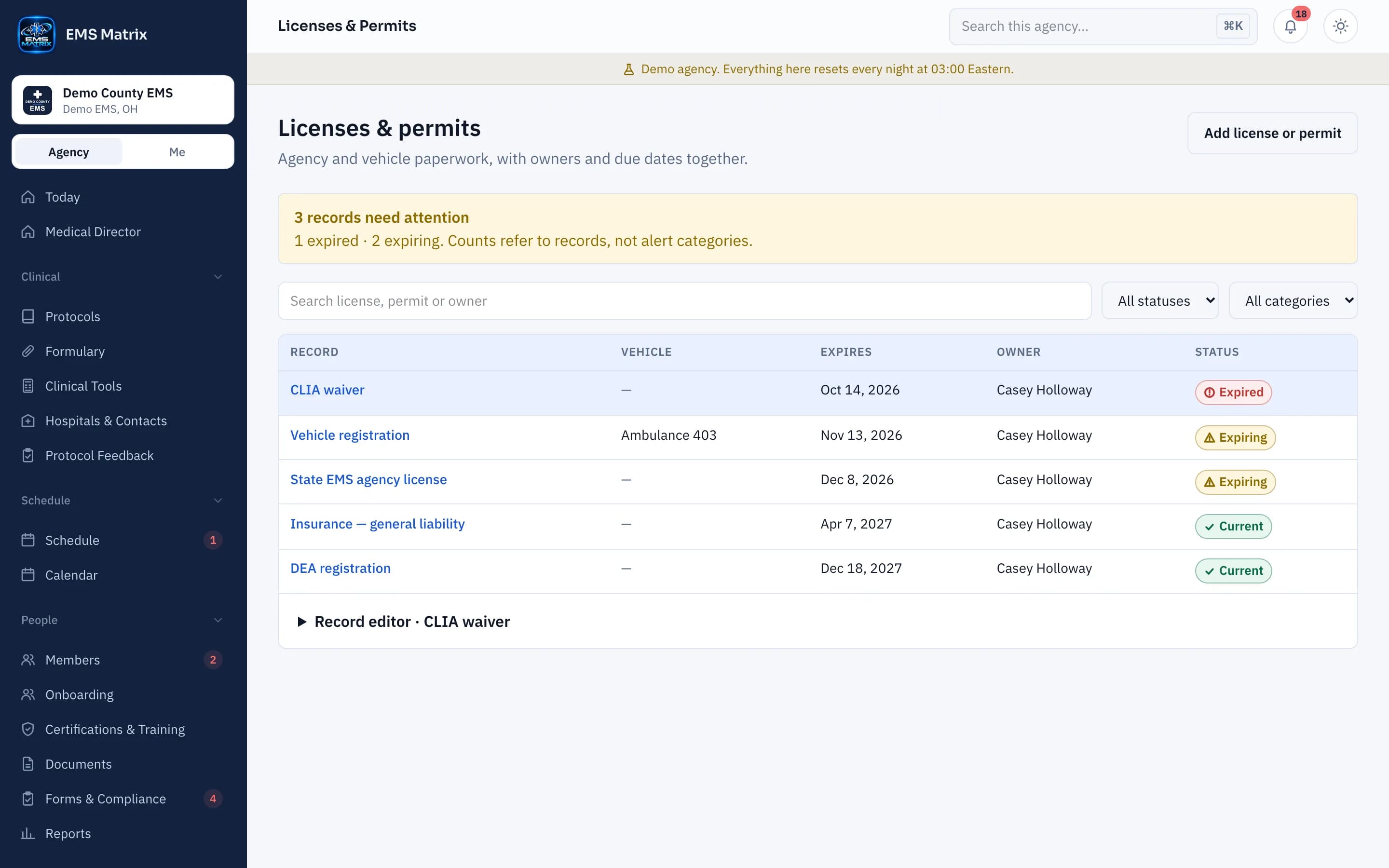 Agency portal Licenses & Permits screen, Demo County EMS.