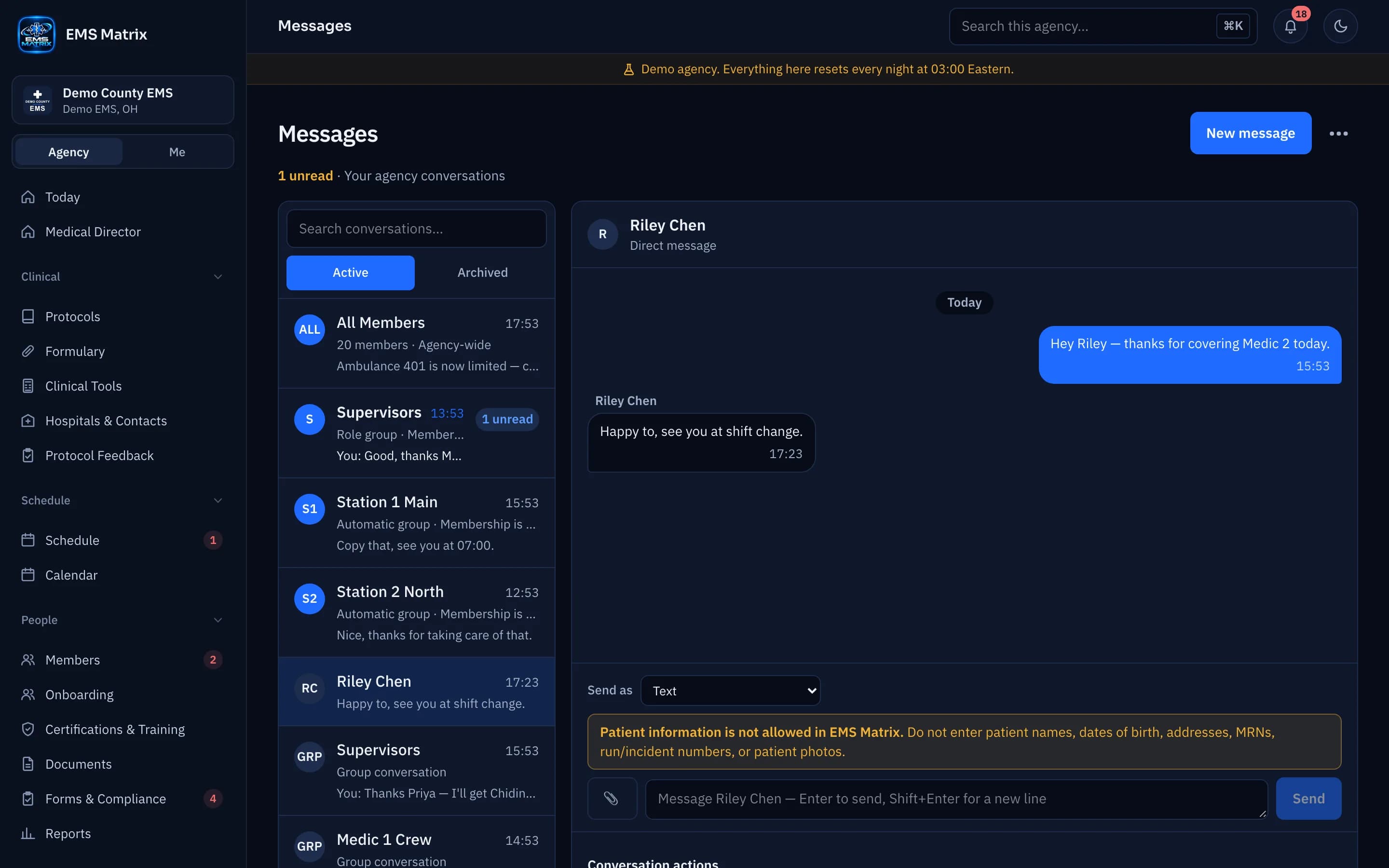 Agency portal Messages screen, Demo County EMS.