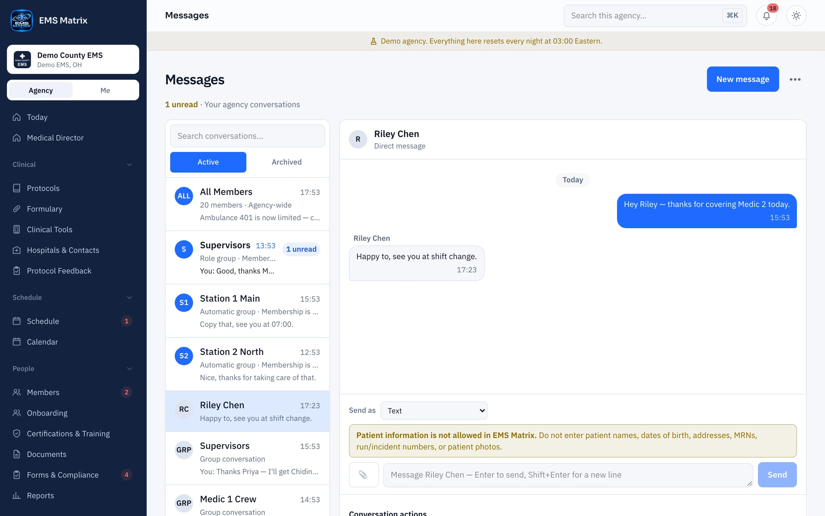 Agency portal Messages screen, Demo County EMS.