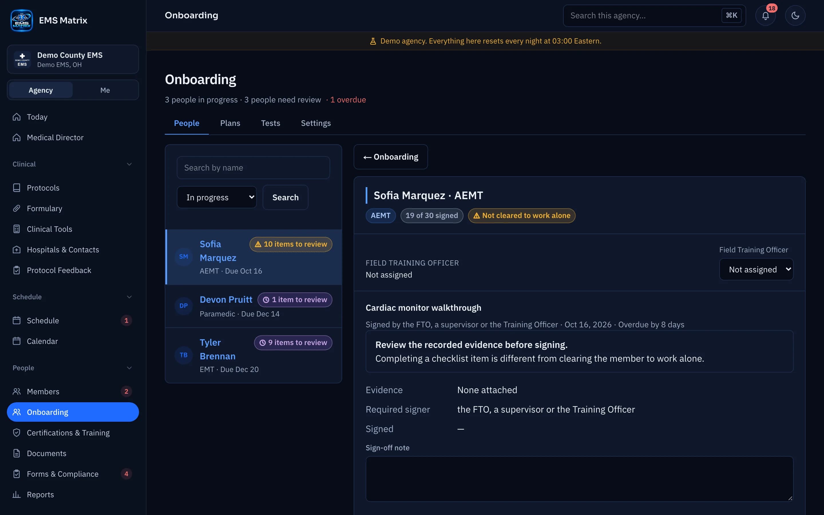 Agency portal Onboarding screen, Demo County EMS.