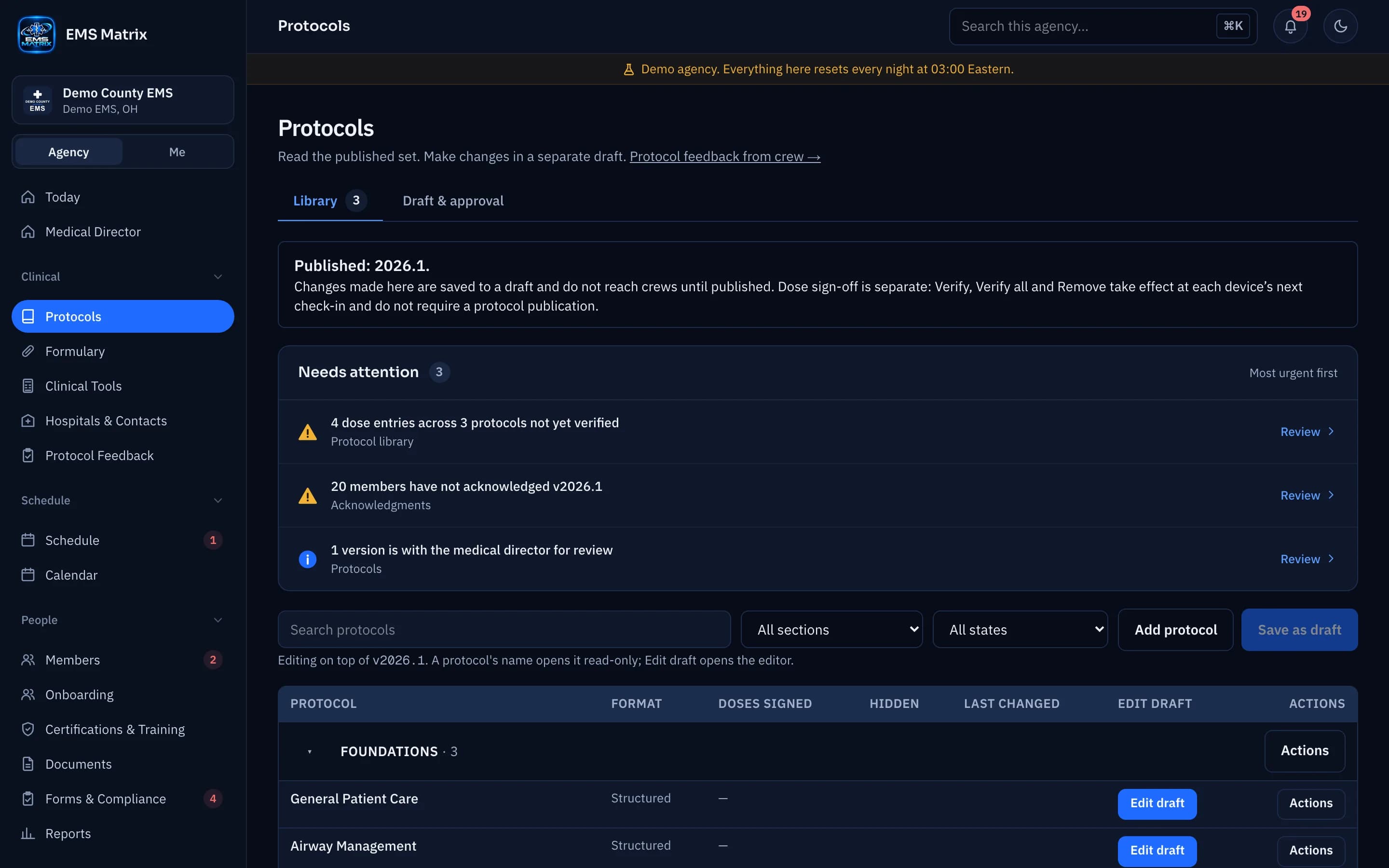 Agency portal Protocols library: published set 2026.1, items needing attention and the protocol list, Demo County EMS.