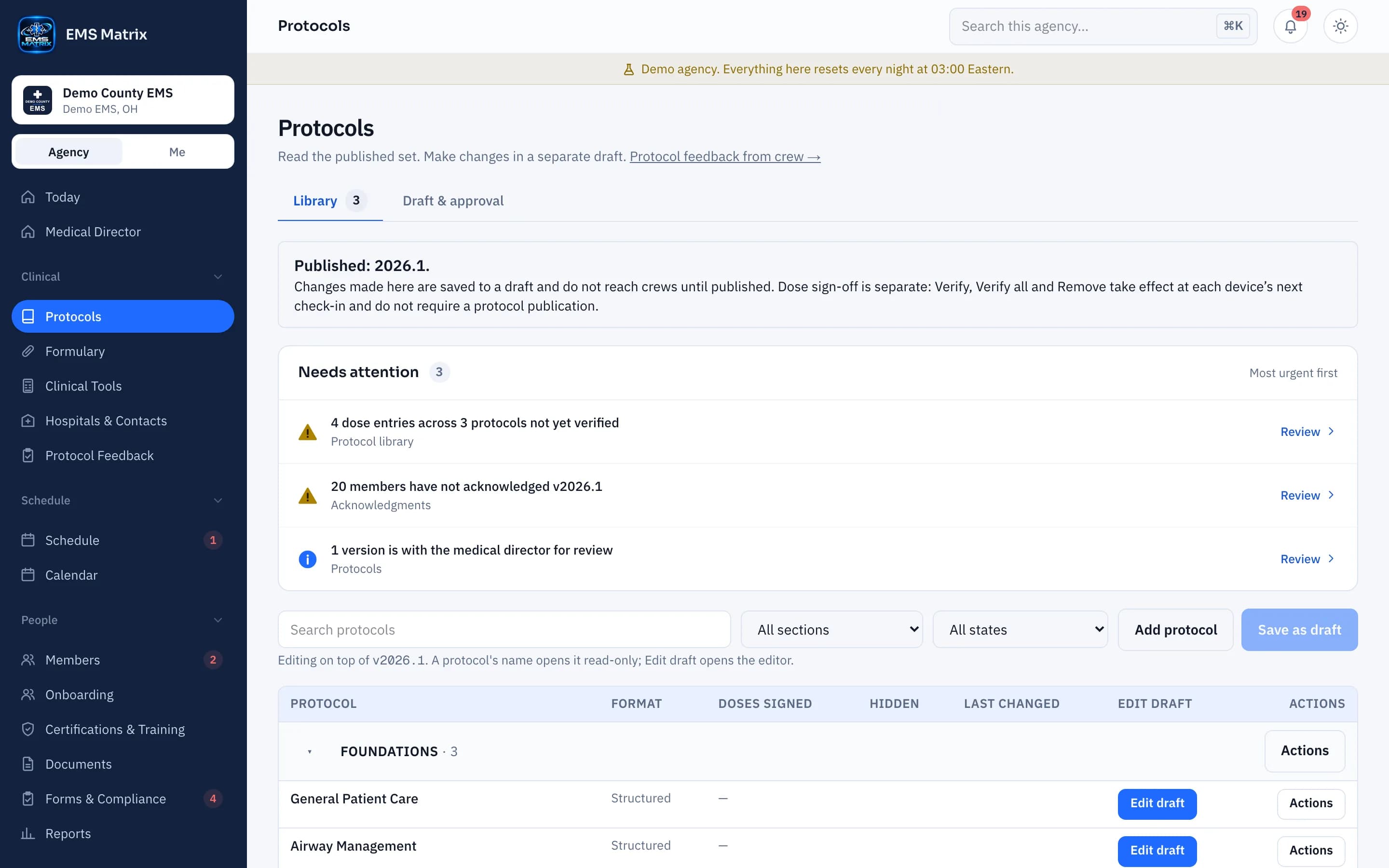 Agency portal Protocols library: published set 2026.1, items needing attention and the protocol list, Demo County EMS.