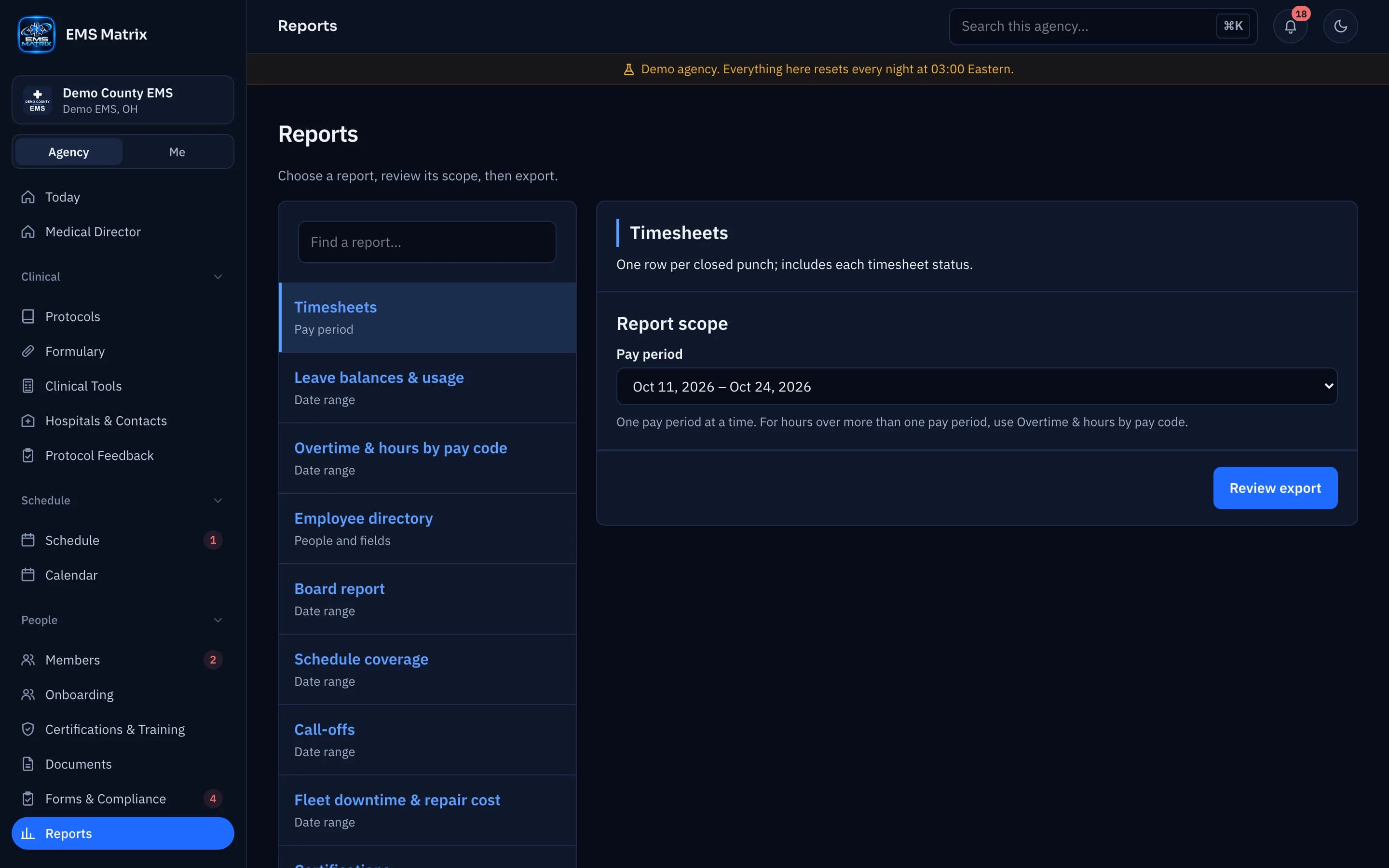 Agency portal Reports screen, Demo County EMS.
