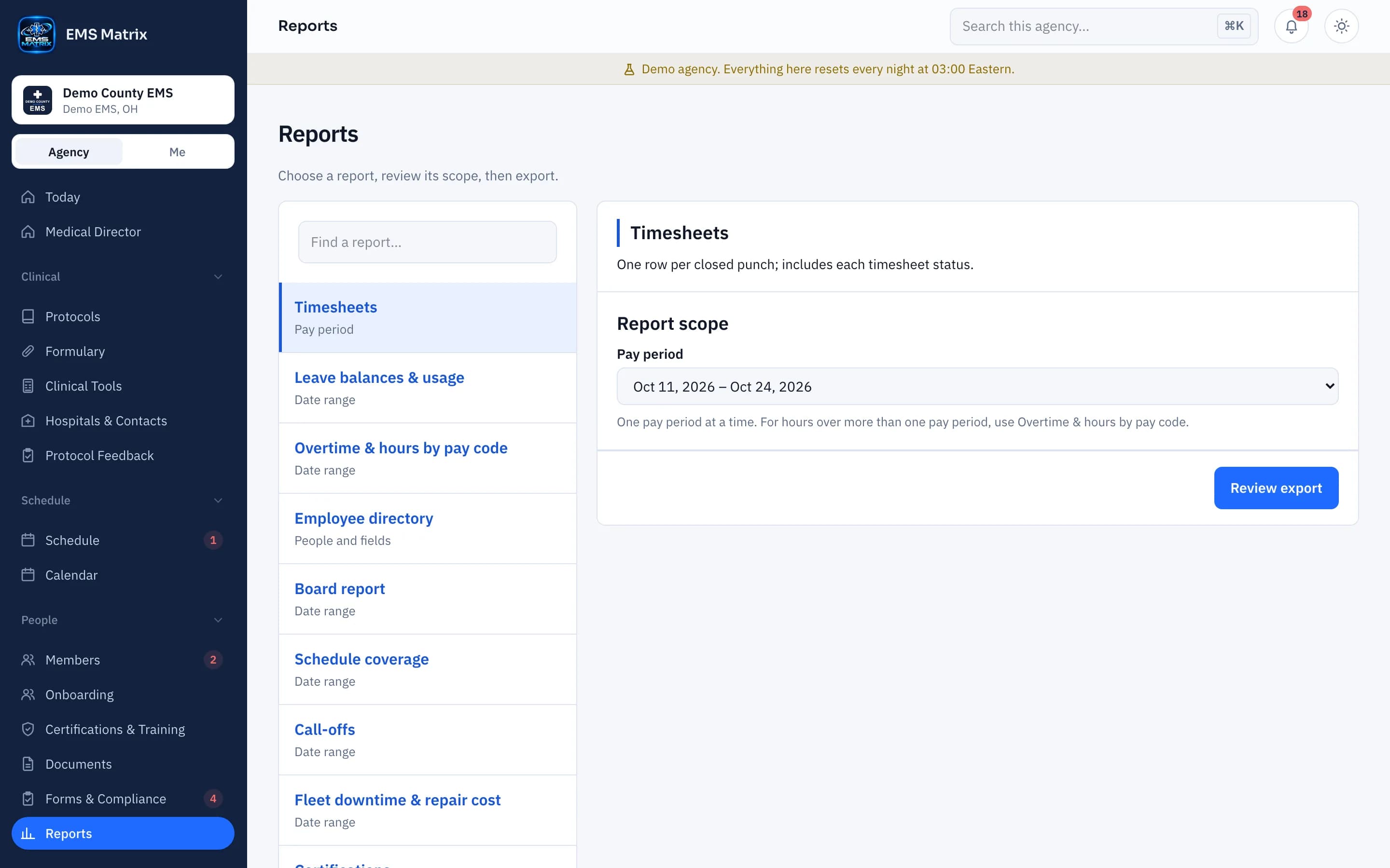 Agency portal Reports screen, Demo County EMS.