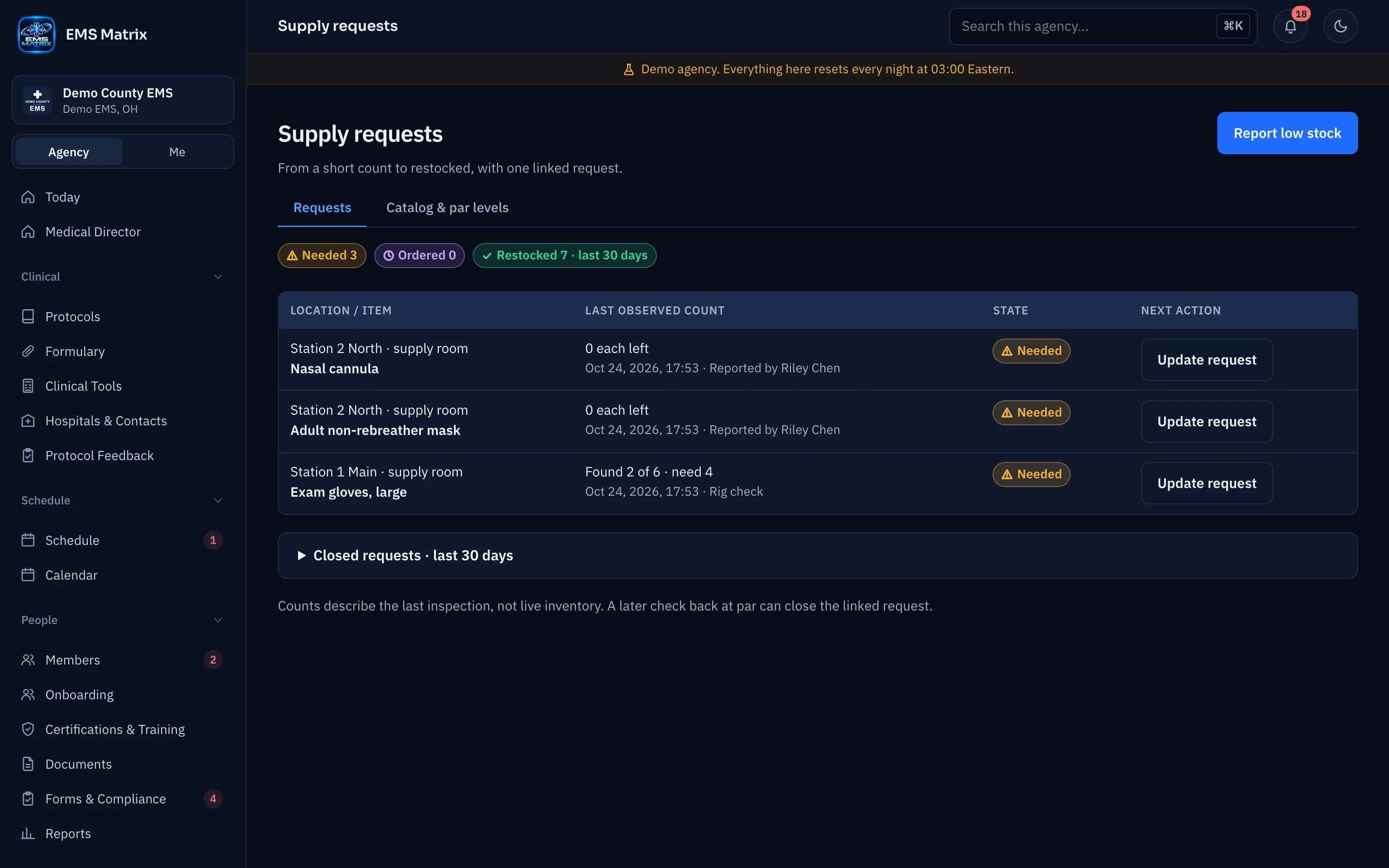 Agency portal Supply requests screen, Demo County EMS.