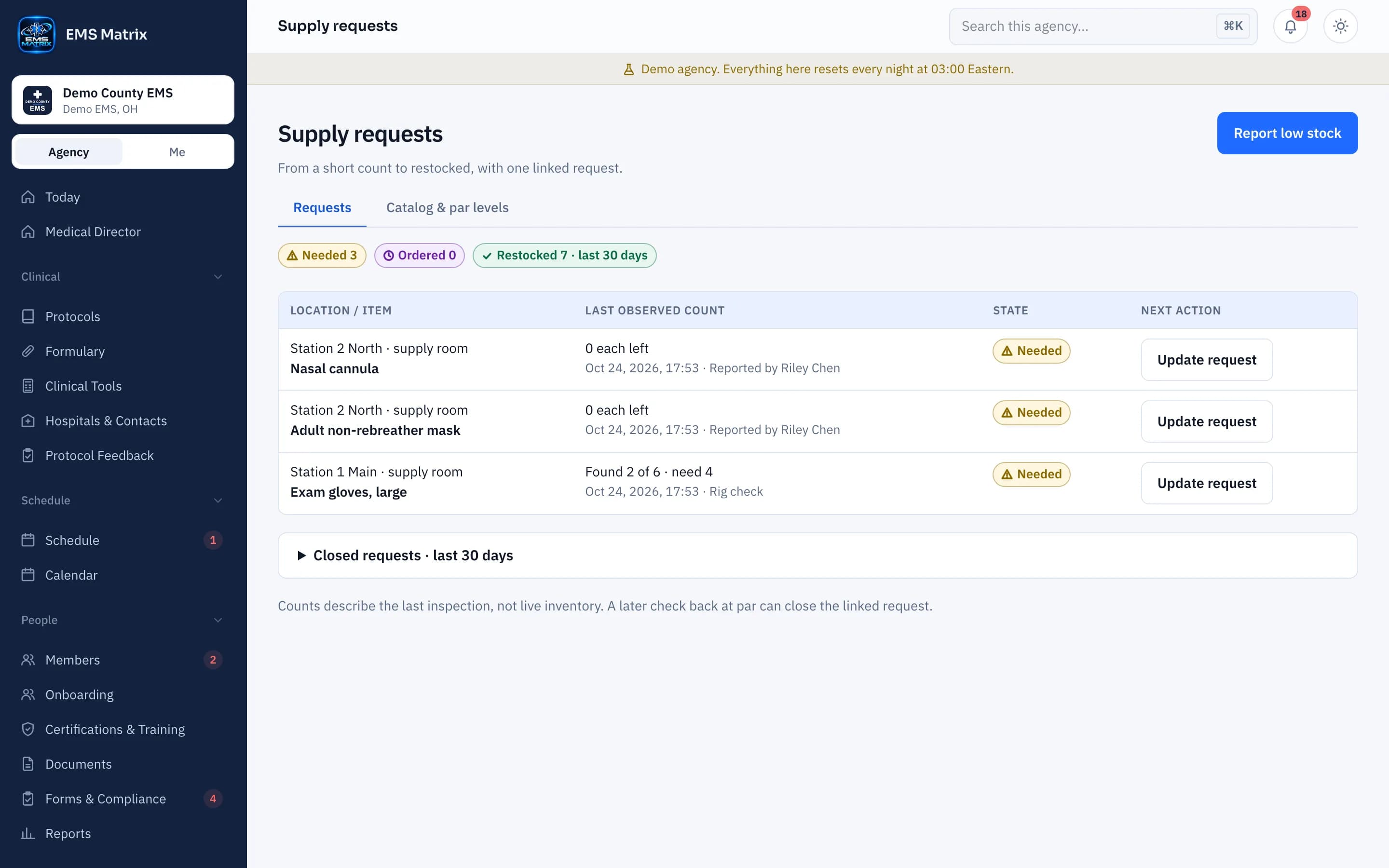 Agency portal Supply requests screen, Demo County EMS.
