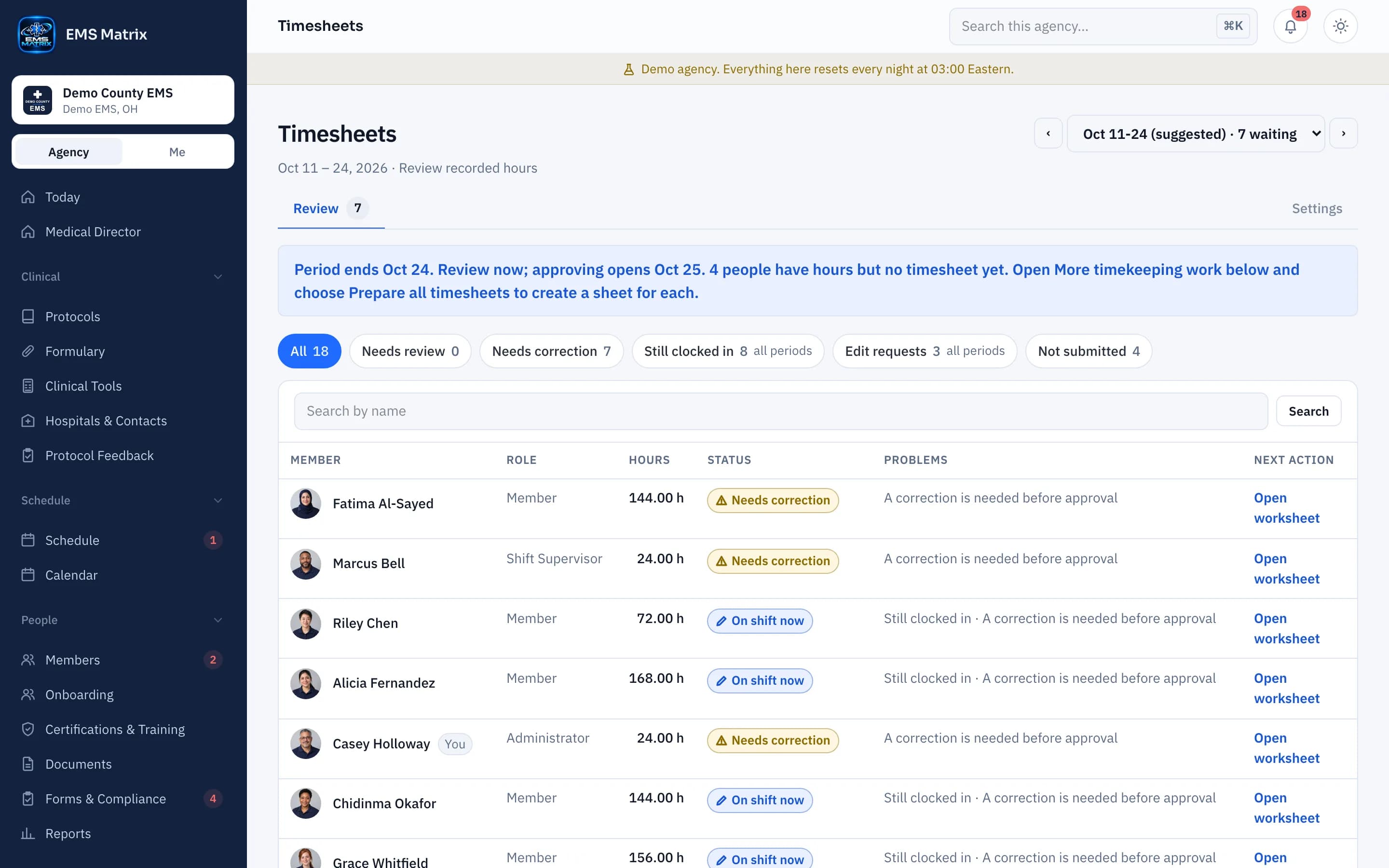 Agency portal Timesheets review screen, Demo County EMS.