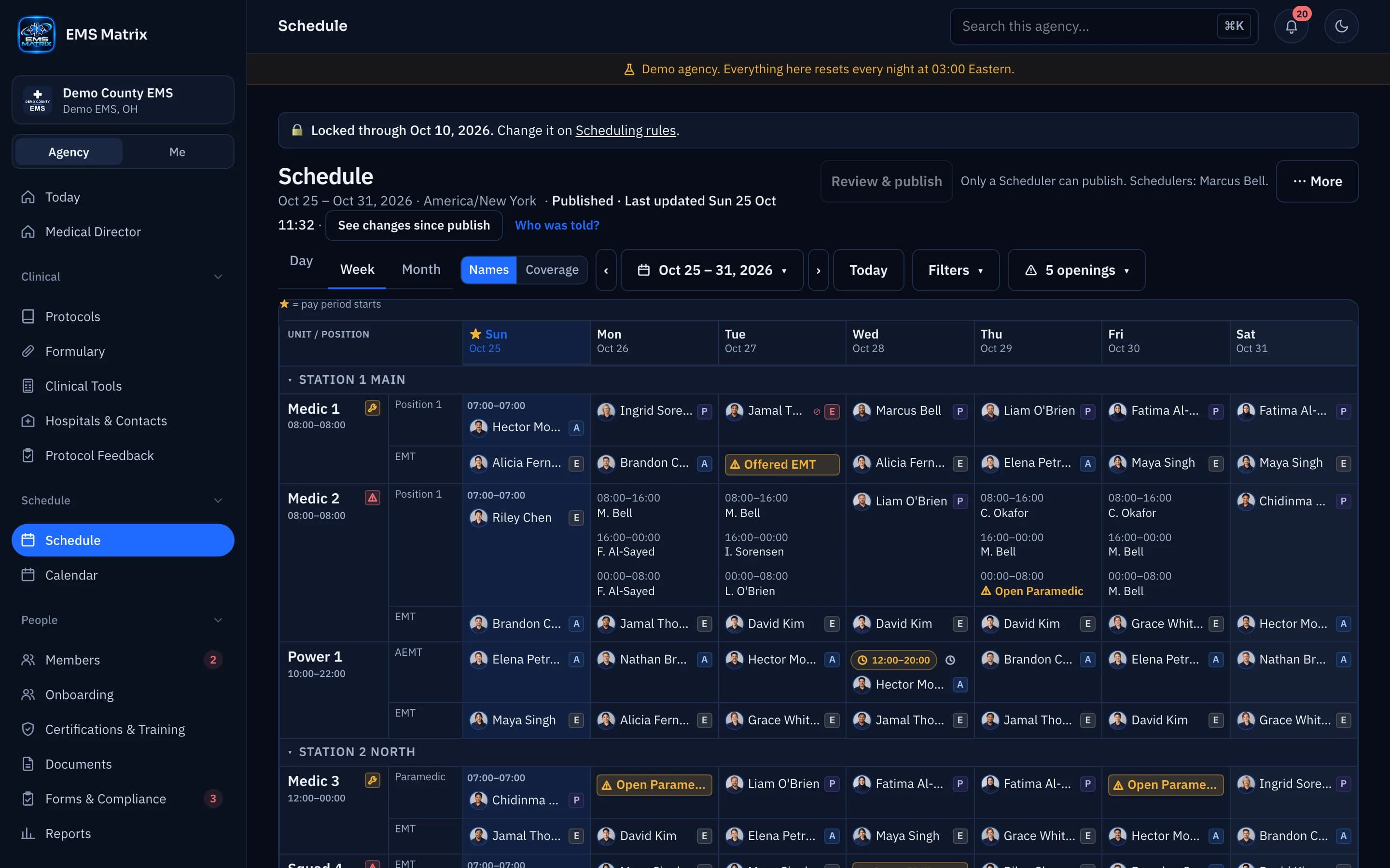 Agency portal Schedule, week view, Demo County EMS.