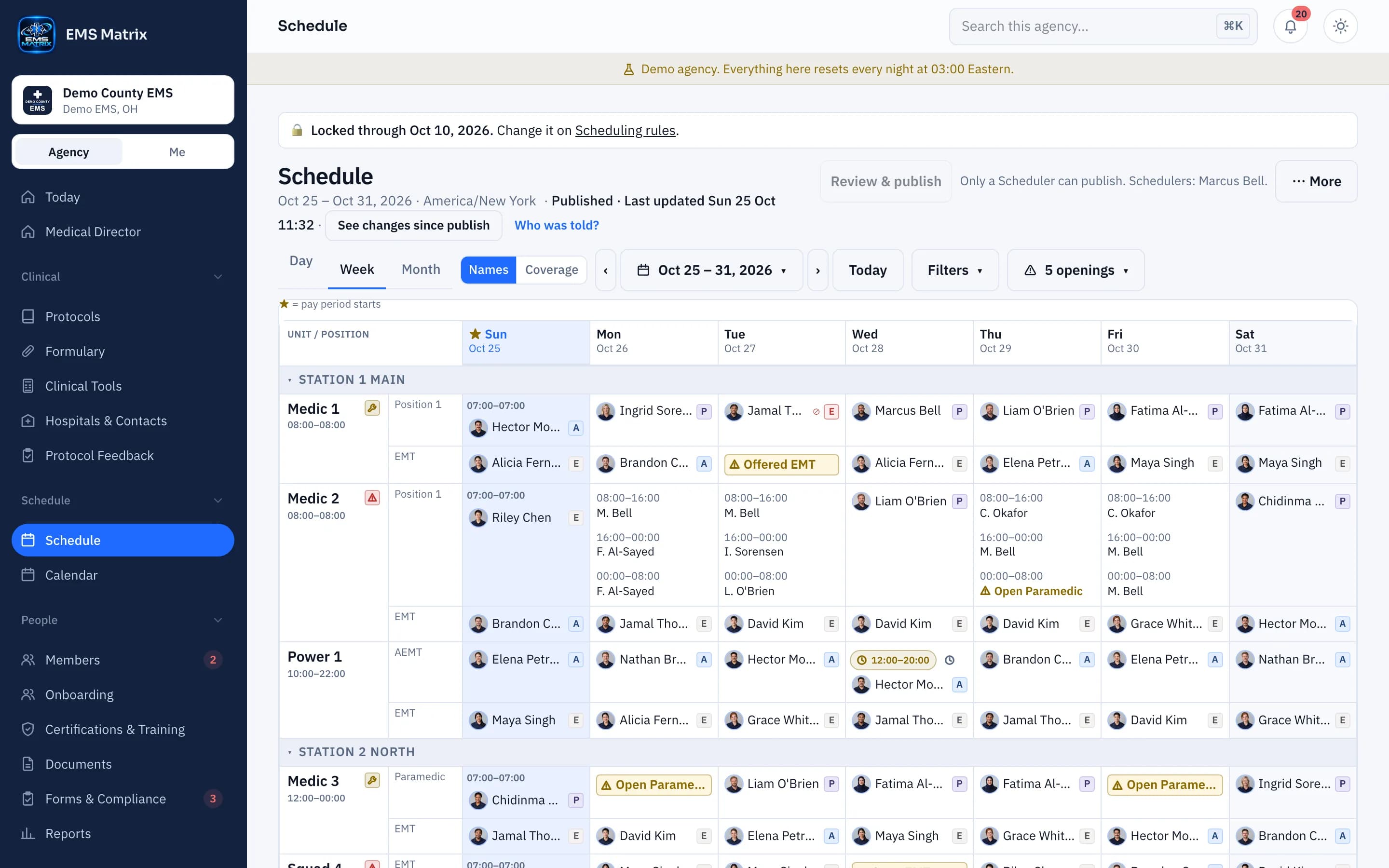 Agency portal Schedule, week view, Demo County EMS.