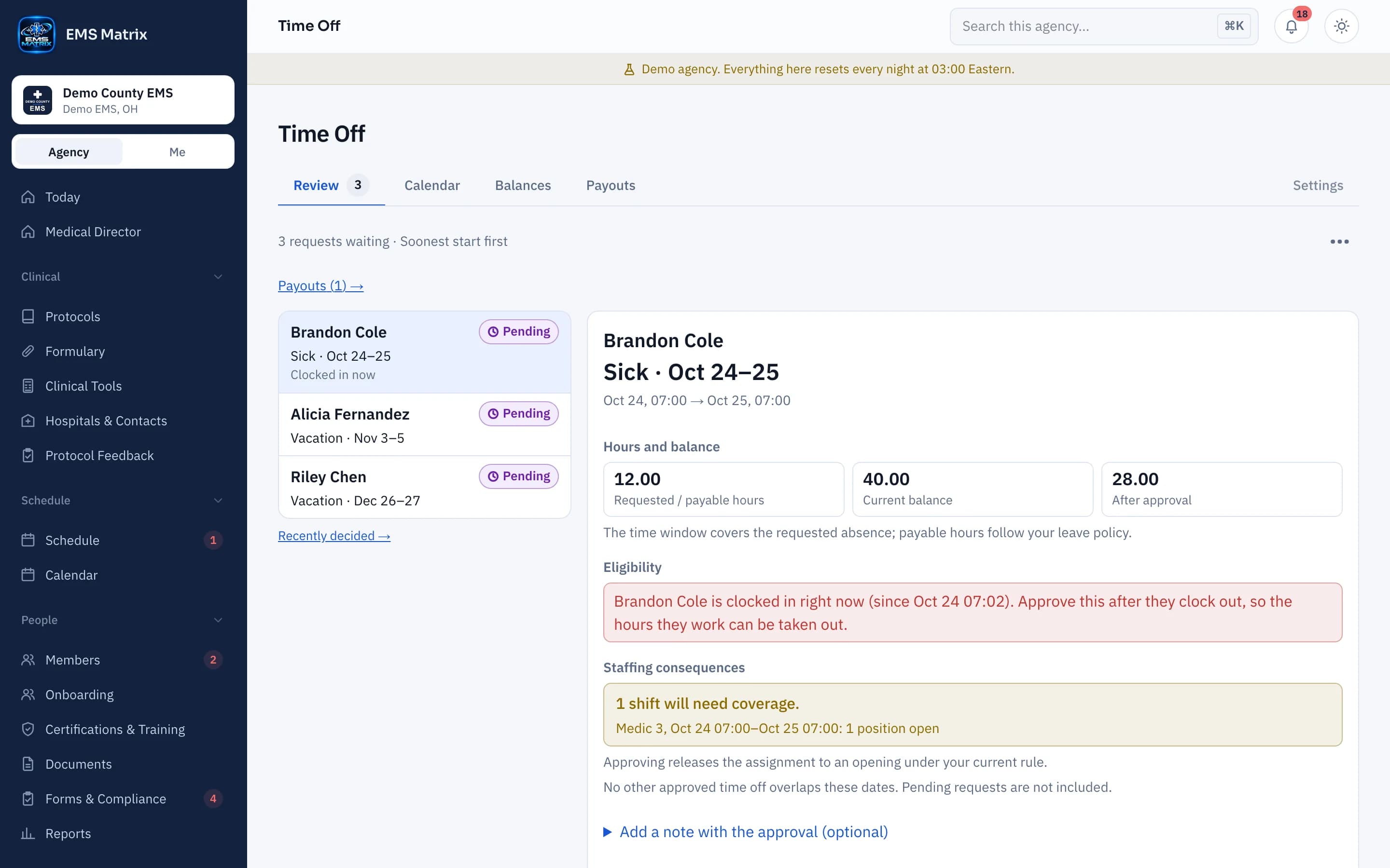 Agency portal Time Off review screen, Demo County EMS.